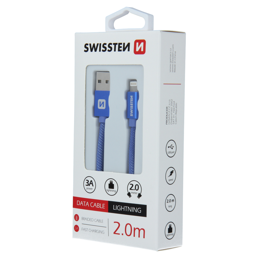 DATOVÝ KABEL SWISSTEN TEXTILE USB / LIGHTNING 2,0 M MODRÝ iPhone