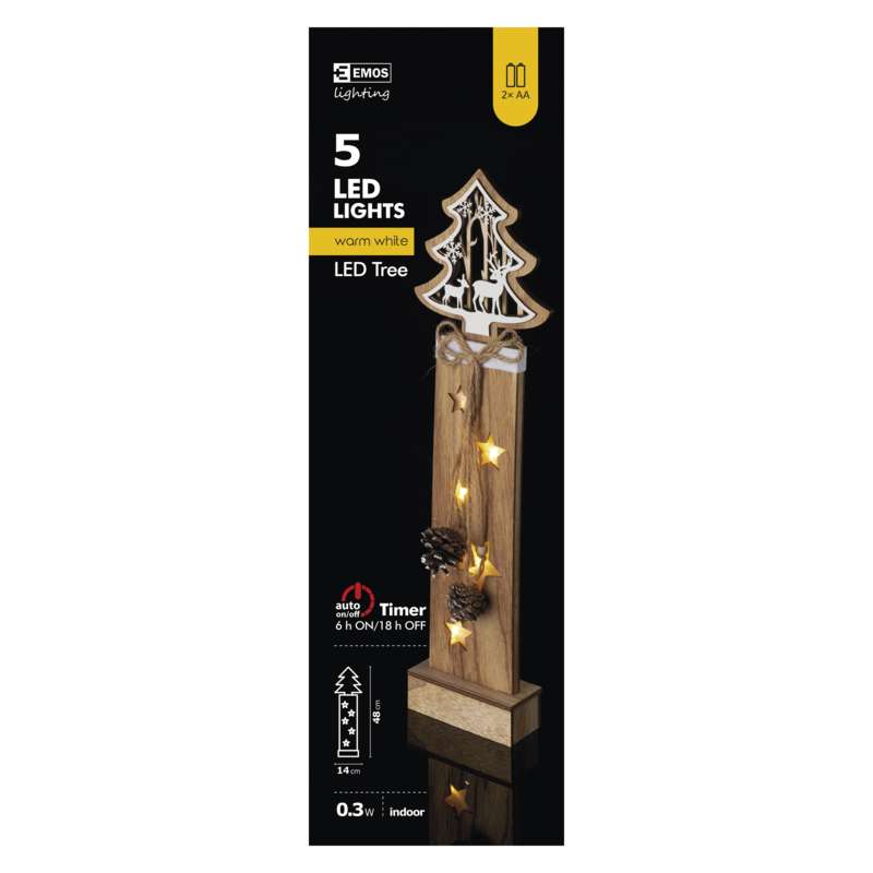 LED vánoční strom dřevěný, 48cm, 2× AA, teplá bílá, časovač