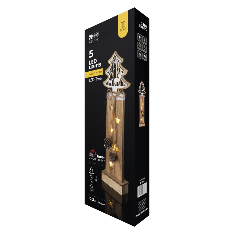 LED vánoční strom dřevěný, 48cm, 2× AA, teplá bílá, časovač