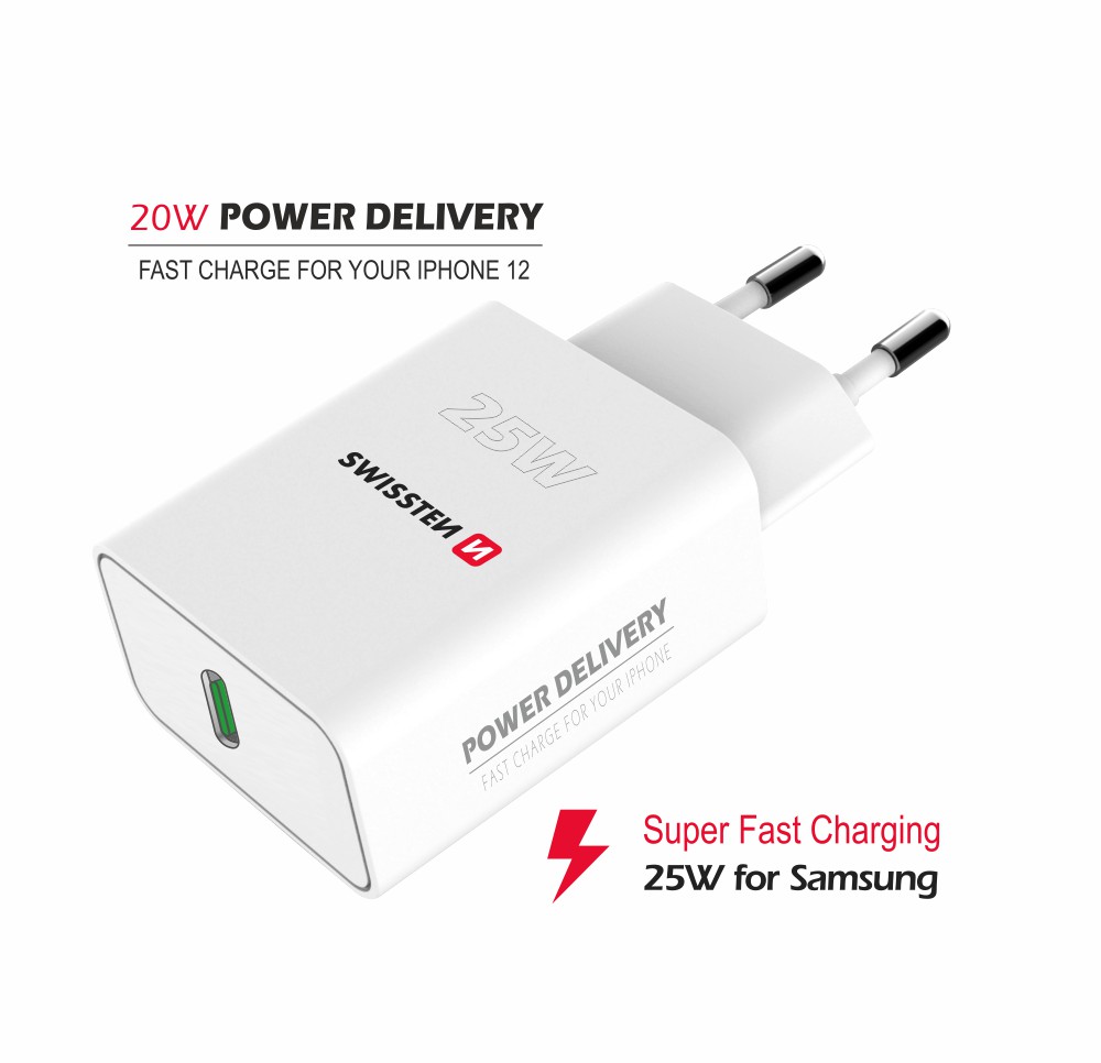 SWISSTEN SÍŤOVÝ ADAPTÉR PD 25W PRO IPHONE A SAMSUNG BÍLÝ