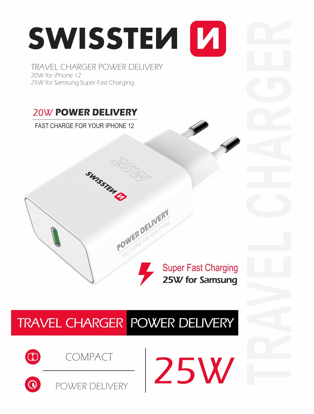 SWISSTEN SÍŤOVÝ ADAPTÉR PD 25W PRO IPHONE A SAMSUNG BÍLÝ