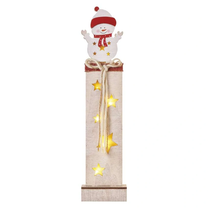 LED dekorace dřevěná – sněhulák, 46 cm, 2x AA, vnitřní, teplá bílá, časovač