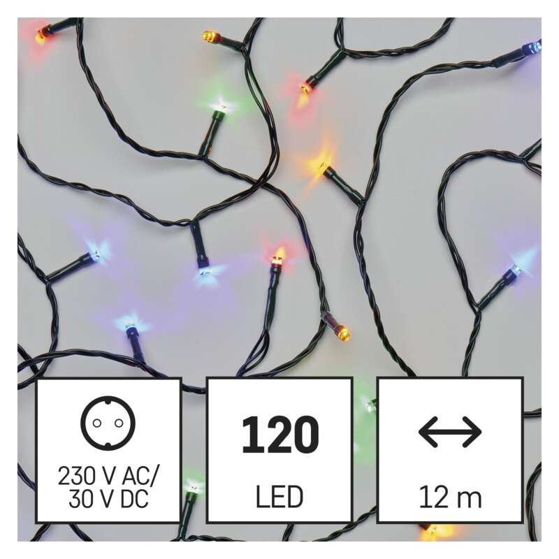 LED vánoční řetěz, 12 m, venkovní i vnitřní, multicolor, časovač