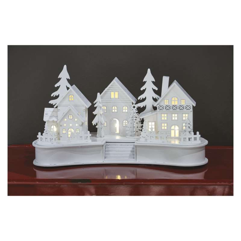 LED dekorace dřevěná bílá – vesnička, 16 cm, 2x AA, vnitřní, teplá bílá, časovač