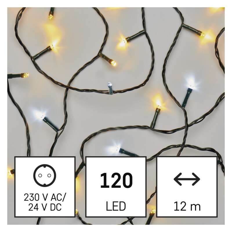 LED vánoční řetěz pulzující, 12 m, venkovní i vnitřní, teplá/studená bílá