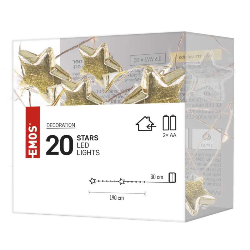 LED vánoční řetěz zlatý – hvězdičky, 1,9 m, 2x AA, vnitřní, teplá bílá, časovač