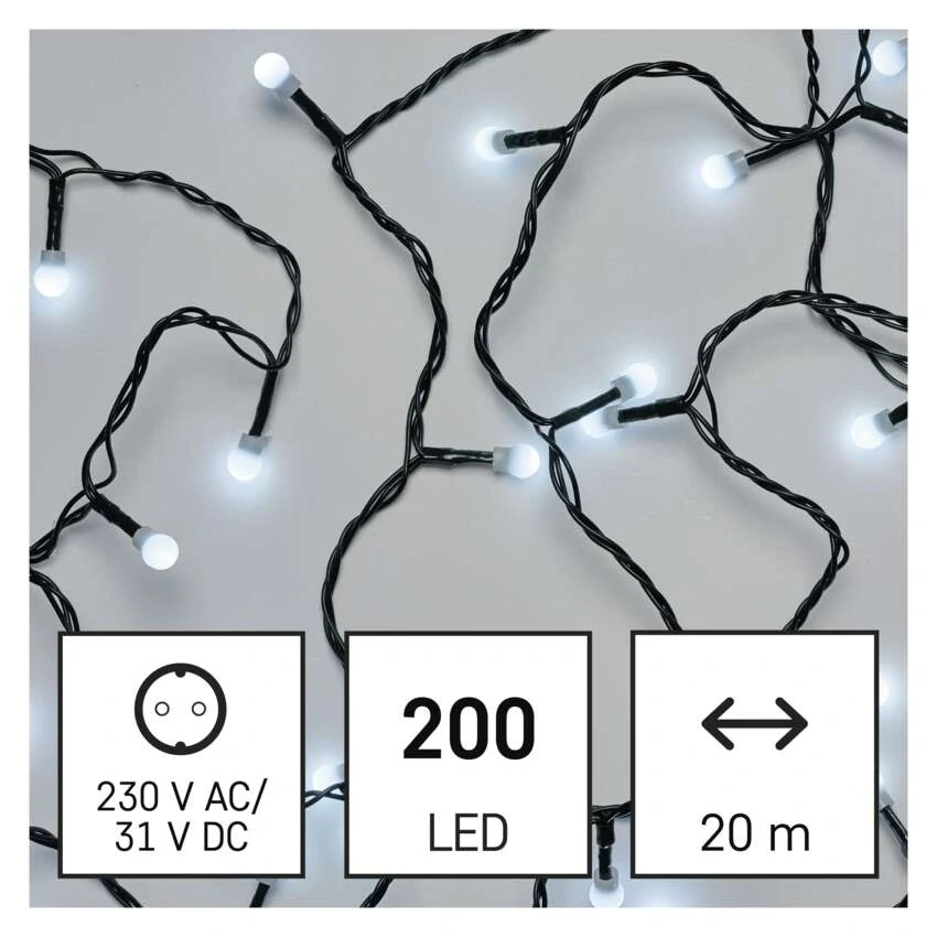 LED vánoční cherry řetěz – kuličky, 20 m, venkovní i vnitřní, studená bílá, časovač