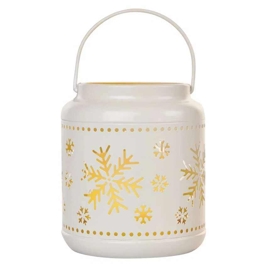 LED dekorace – lucerna s vločkami kovová bílá, 14 cm, 3x AAA, vnitřní, vintage