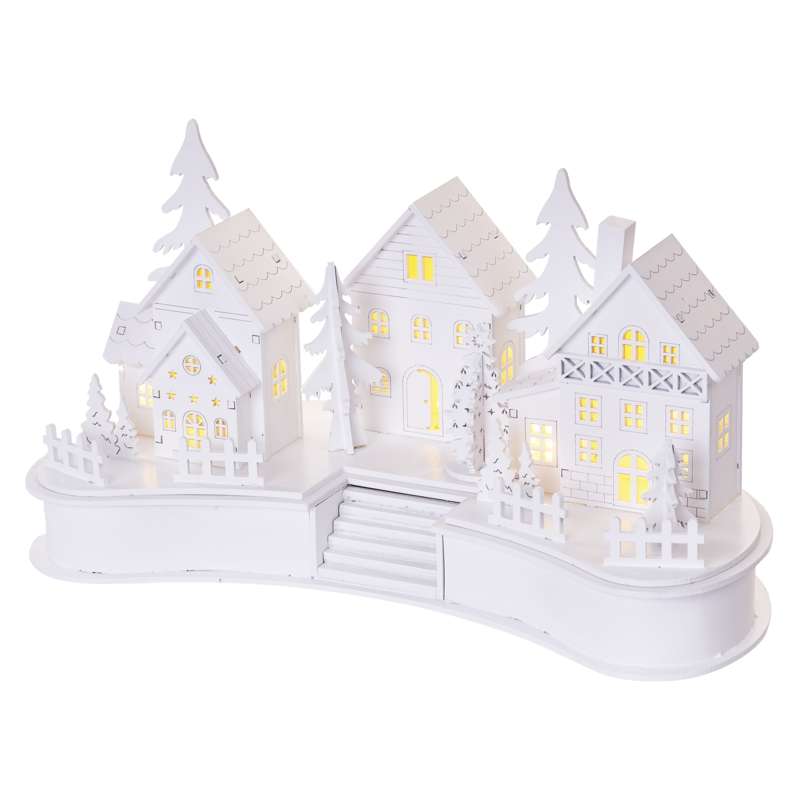 LED dekorace dřevěná bílá – vesnička, 16 cm, 2x AA, vnitřní, teplá bílá, časovač