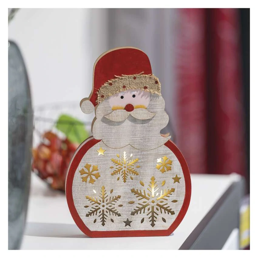 LED dekorace dřevěná – Santa, 30 cm, 2x AA, vnitřní, teplá bílá, časovač