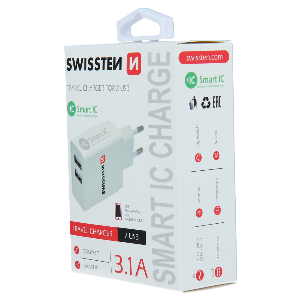 SÍŤOVÝ ADAPTÉR SWISTEEN SMART IC 2x USB 3,1A POWER BÍLÝ