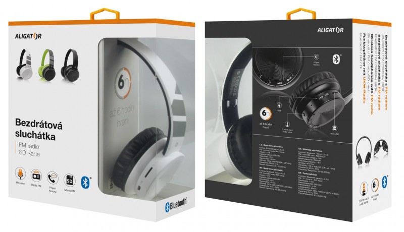 Bluetooth sluchátka ALIGATOR AH02, FM, SD karta, bílá