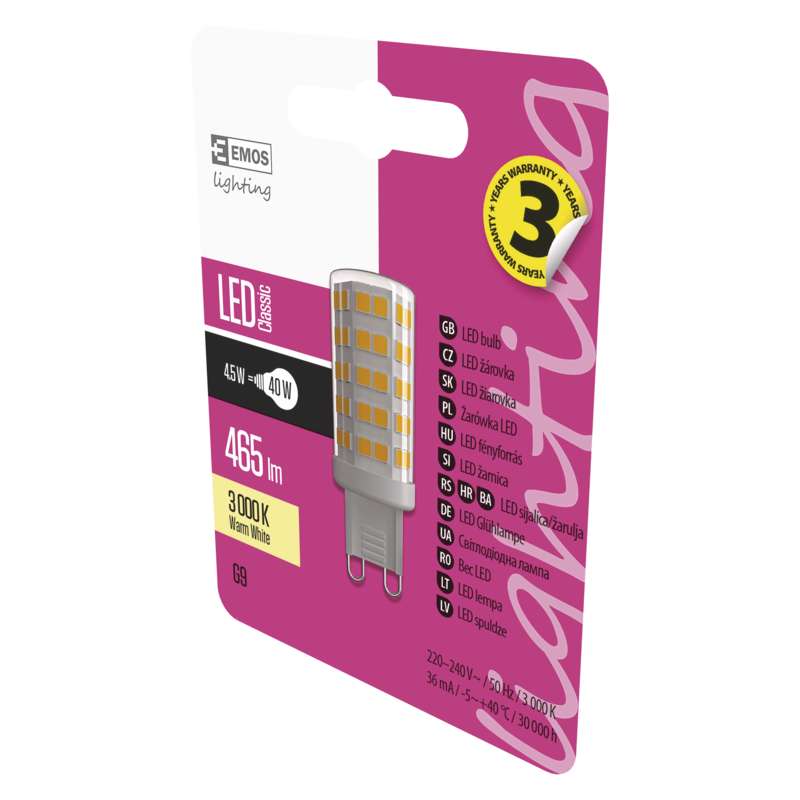 LED žárovka Classic JC A++ 4,5W G9 teplá bílá