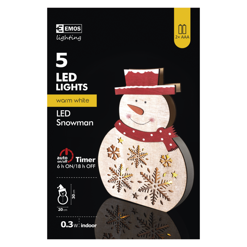 LED vánoční sněhulák dřevěný, 30cm, 2× AAA, teplá bílá, časovač