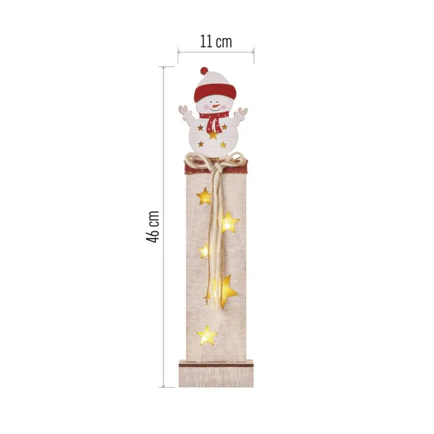 LED dekorace dřevěná – sněhulák, 46 cm, 2x AA, vnitřní, teplá bílá, časovač