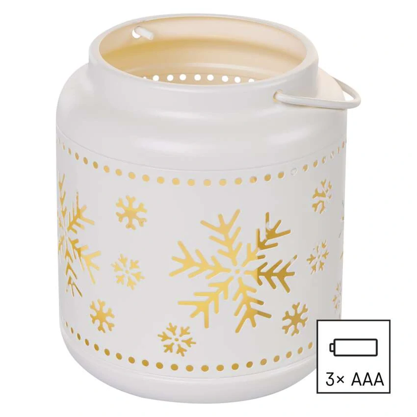 LED dekorace – lucerna s vločkami kovová bílá, 14 cm, 3x AAA, vnitřní, vintage