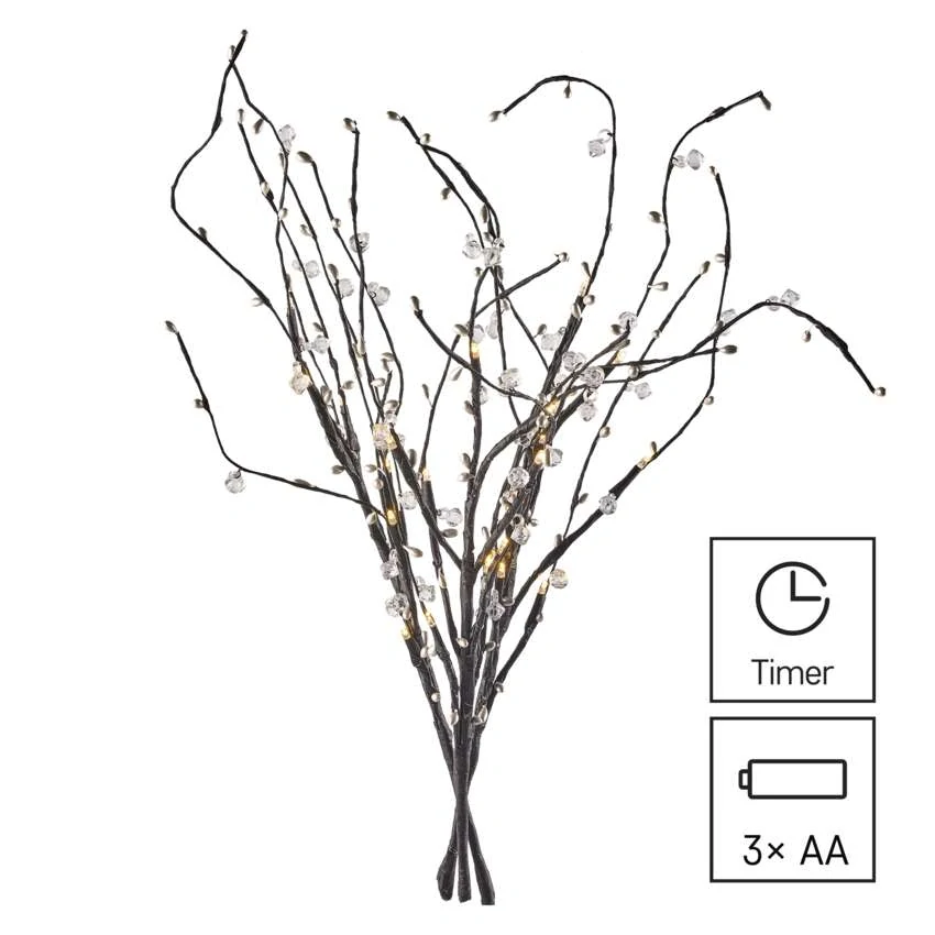 LED větvička s perlami, 60 cm, 3x AA, vnitřní, teplá bílá, časovač