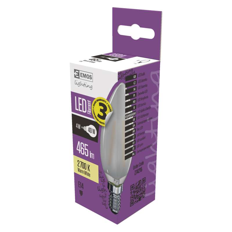 LED žárovka Filament Candle matná A++ 4W E14 teplá bílá