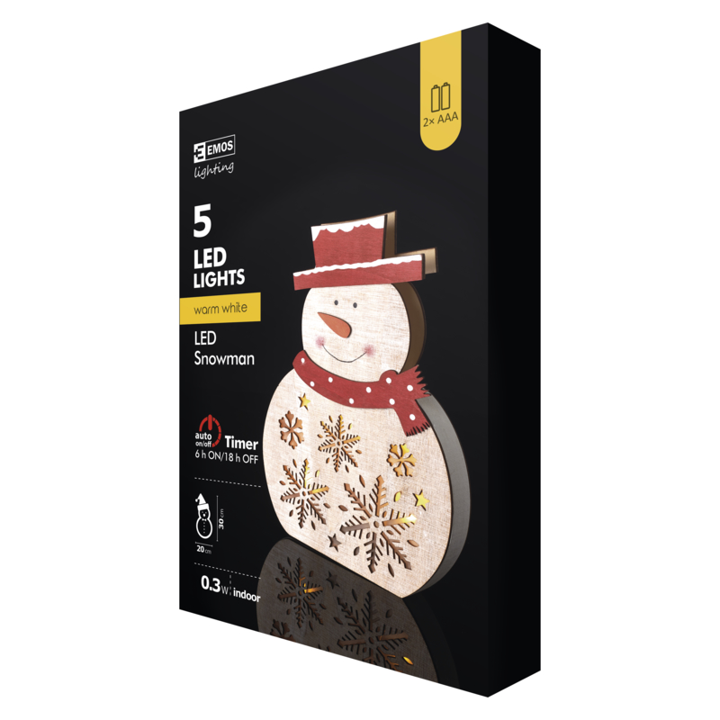 LED vánoční sněhulák dřevěný, 30cm, 2× AAA, teplá bílá, časovač