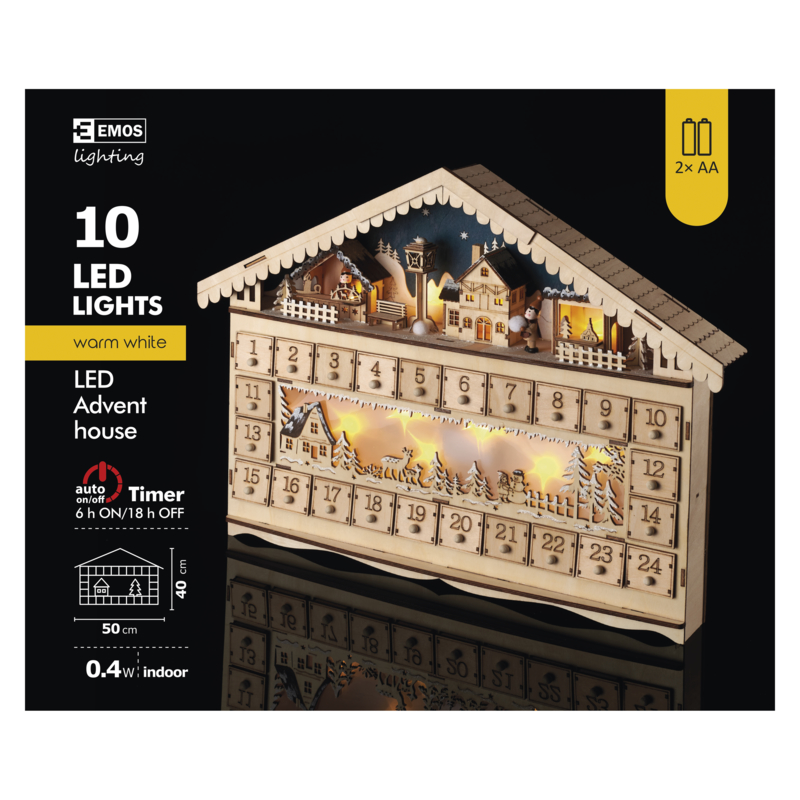 LED adventní kalendář, 19x40cm, 2x AA, vnitřní, teplá bílá