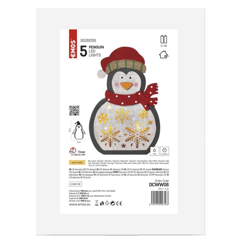 LED vánoční tučňák dřevěný, 30 cm, 2x AA, vnitřní, teplá bílá, časovač