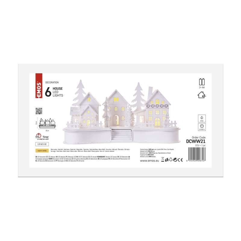 LED dekorace dřevěná bílá – vesnička, 16 cm, 2x AA, vnitřní, teplá bílá, časovač