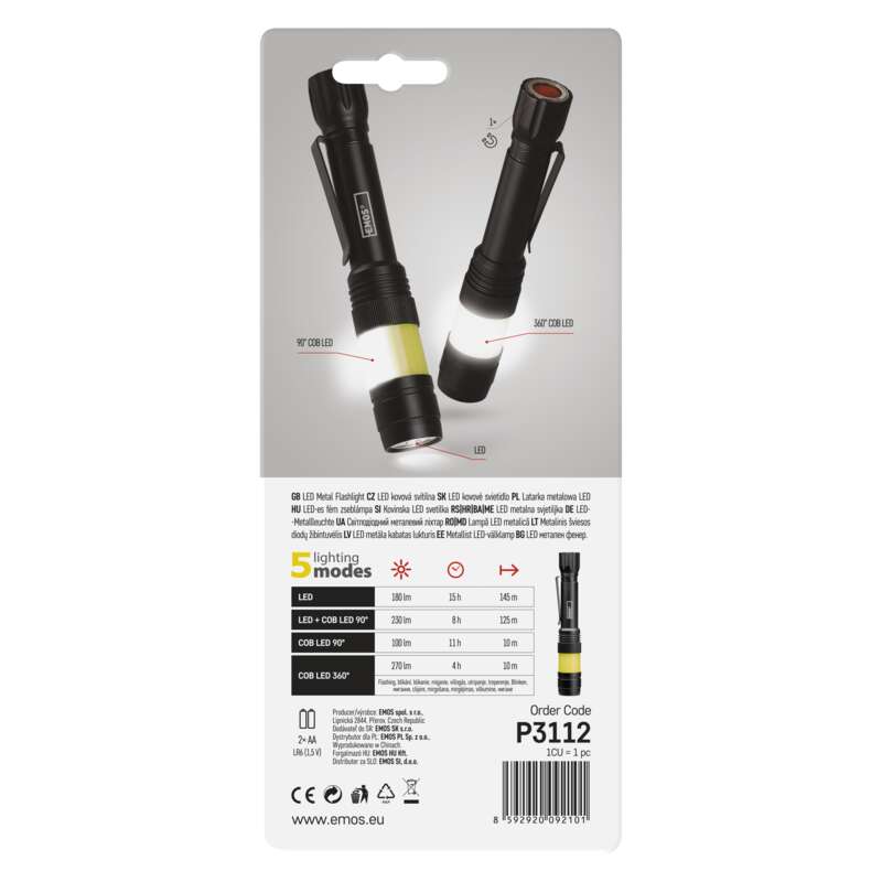 360° COB LED svítilna kovová, 270 lm, 2× AA - ROZBALENO!