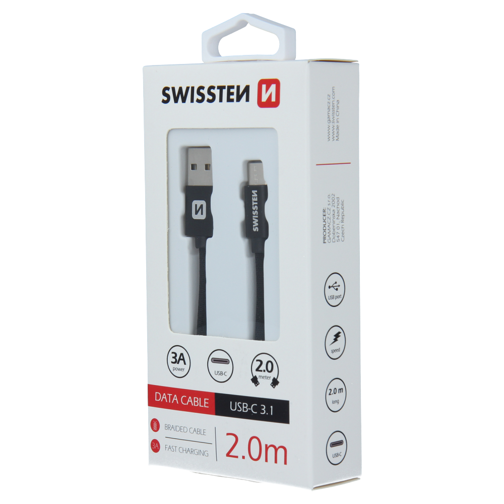 DATOVÝ KABEL SWISSTEN TEXTILE USB / USB-C 2,0 M ČERNÝ