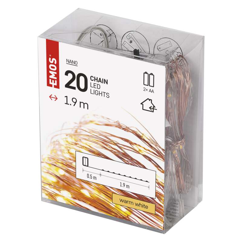 LED vánoční nano řetěz, 1,9 m, 2x AA, vnitřní, teplá bílá, časovač