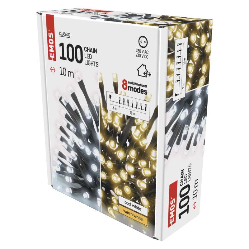 LED vánoční řetěz 2v1, 10 m, venkovní i vnitřní, teplá/studená bílá, programy