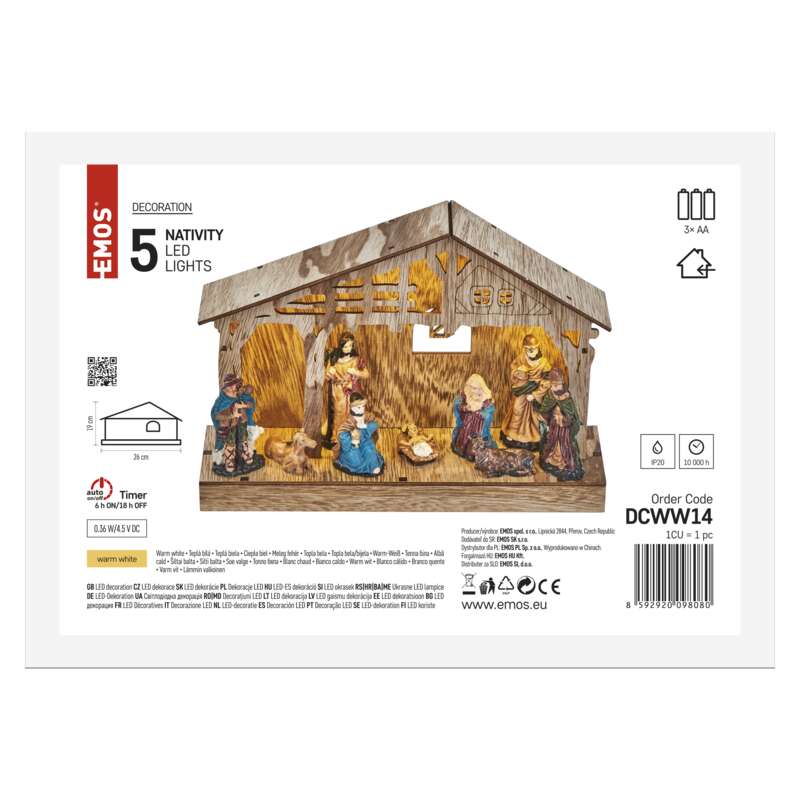 LED vánoční betlém dřevěný, 19 cm, 3x AA, vnitřní, teplá bílá, časovač