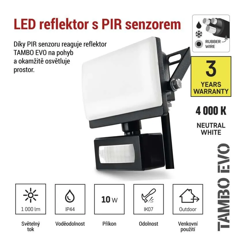 LED reflektor TAMBO EVO se senzorem pohybu, 10 W, 1000 lm, IP44, černý