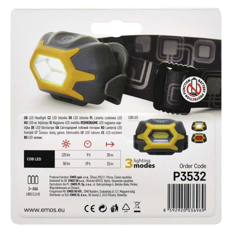 COB LED čelovka P3532, 140 lm, 16m, 3× AAA