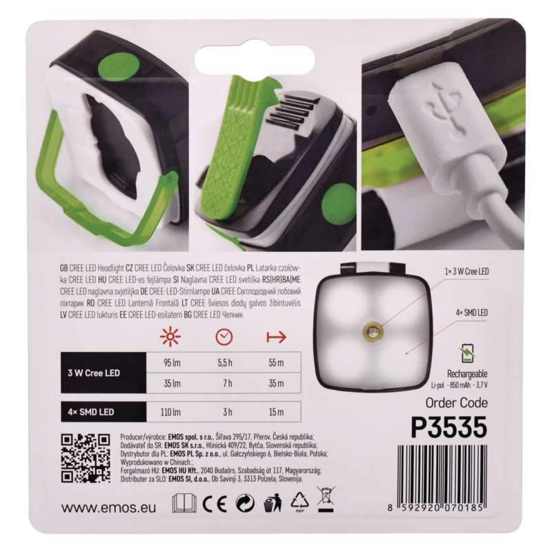 CREE + SMD LED nab. čelovka, 110 lm,55m,Li-Pol 850 mAh