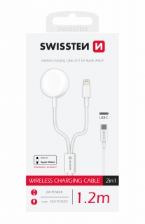 swissten nabíjecí magnetický kabel 2v1 pro apple watch a lightning, usb-c 1.2 m